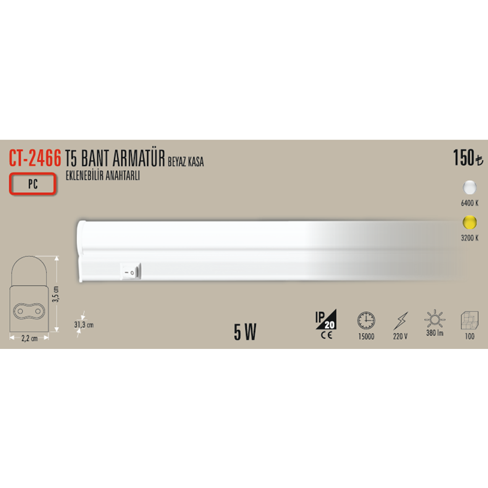 4W T5 LEDLİ BANT ARMATÜR ( BEYAZ ) CT-2466B