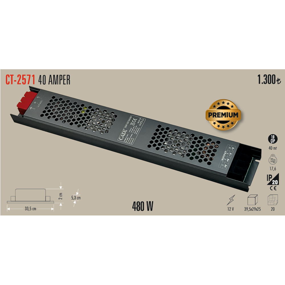 40 AMPER ŞERİT LED TRAFOSU ( 500W ) (SÜPER SLİM FANSIZ) CT-2571