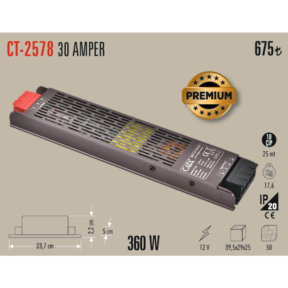 30 AMPER ŞERİT LED TRAFOSU ( 360W ) (SLİM-FANSIZ) CT-2578