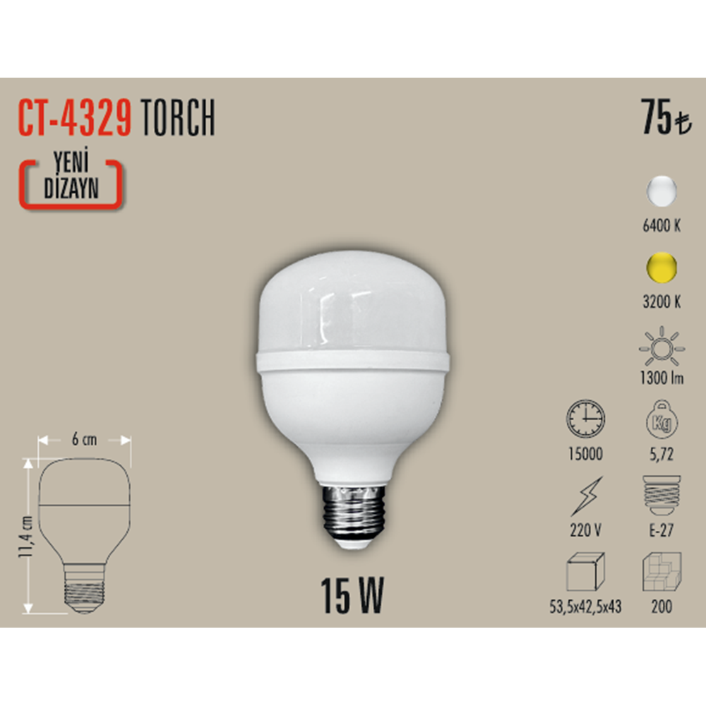 15W LED AMPUL ( E27) (BEYAZ) CT-4329B