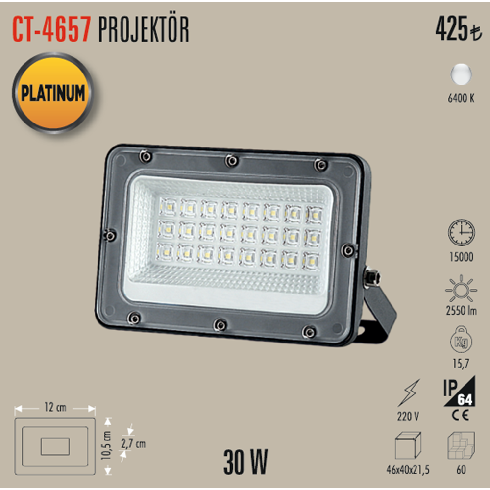 SLIM LED PROJEKTOR 30W CT-4657 BEYAZ