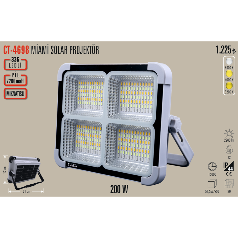 SOLAR LED PROJEKTOR 200W TASINABILIR CT-4698