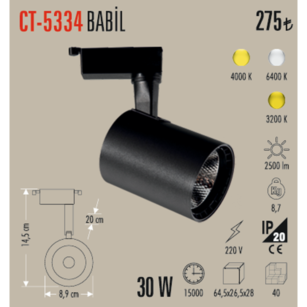 30W RAY TİPİ LED ARMATÜR (SİYAH KASA) (BEYAZ) CT-5334B