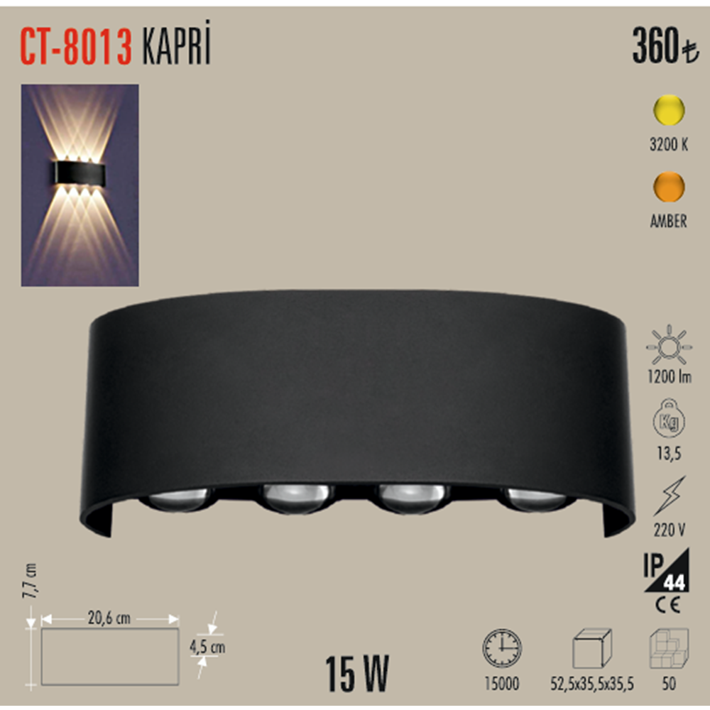 KAPRİ LED APLIK (DIŞ MEKAN)AMBER CT-8013A